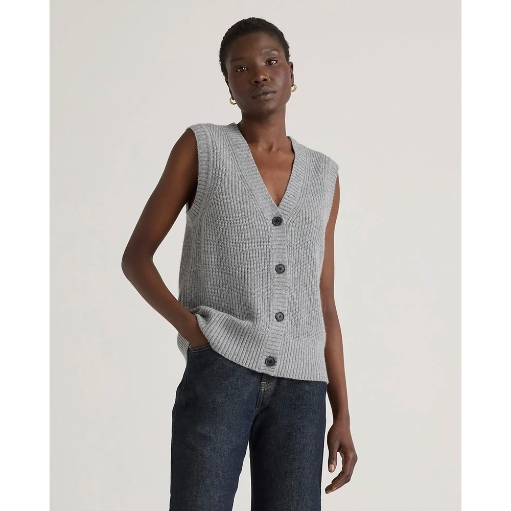 Quince Mongolian Cashmere Fisherman Sweater Vest Heather Grey V-Neck Medium